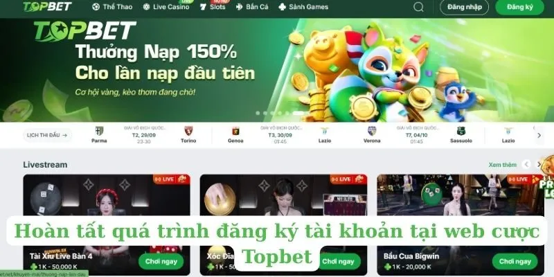 Hoàn tất quá trình đăng ký tài khoản tại web cược Topbet
