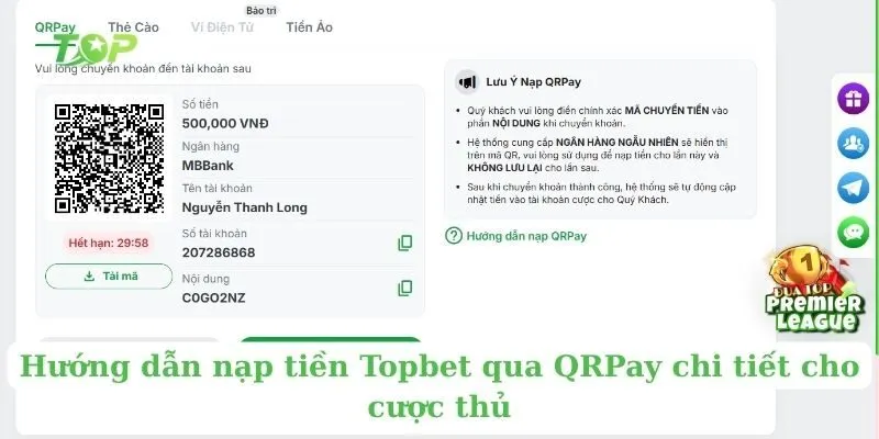 Hướng dẫn nạp tiền Topbet qua QRPay chi tiết cho cược thủ
