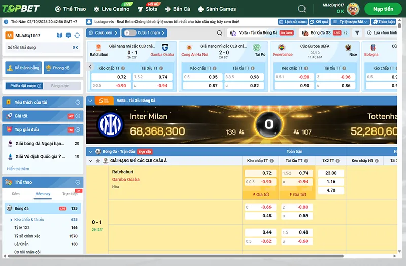 Bảng tỷ lệ kèo bóng đá trực tuyến tại Topbet với nhiều lựa chọn cược