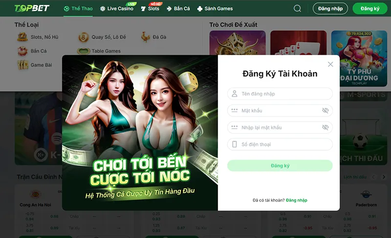 Biểu mẫu đăng ký tài khoản Topbet với các trường thông tin cần điền
