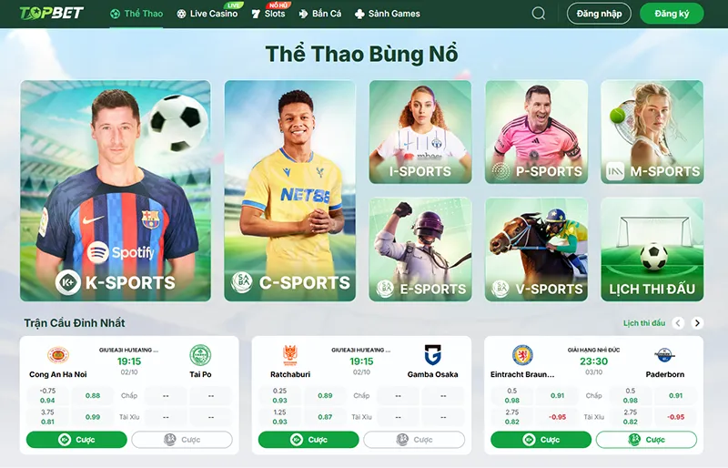 Danh mục đa dạng các trò chơi tại Topbet bao gồm thể thao, casino, slot và game bài