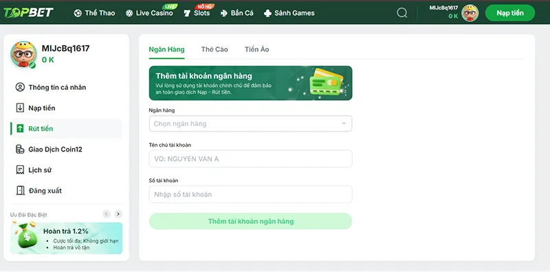 Giao diện nạp tiền và rút tiền tại Topbet với nhiều phương thức thanh toán