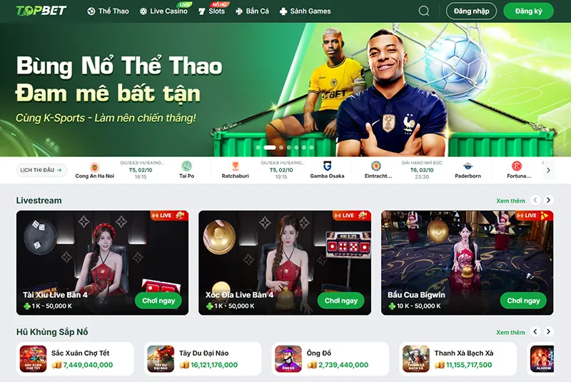 Giao diện trang chủ Topbet với đầy đủ danh mục cá cược thể thao và casino trực tuyến